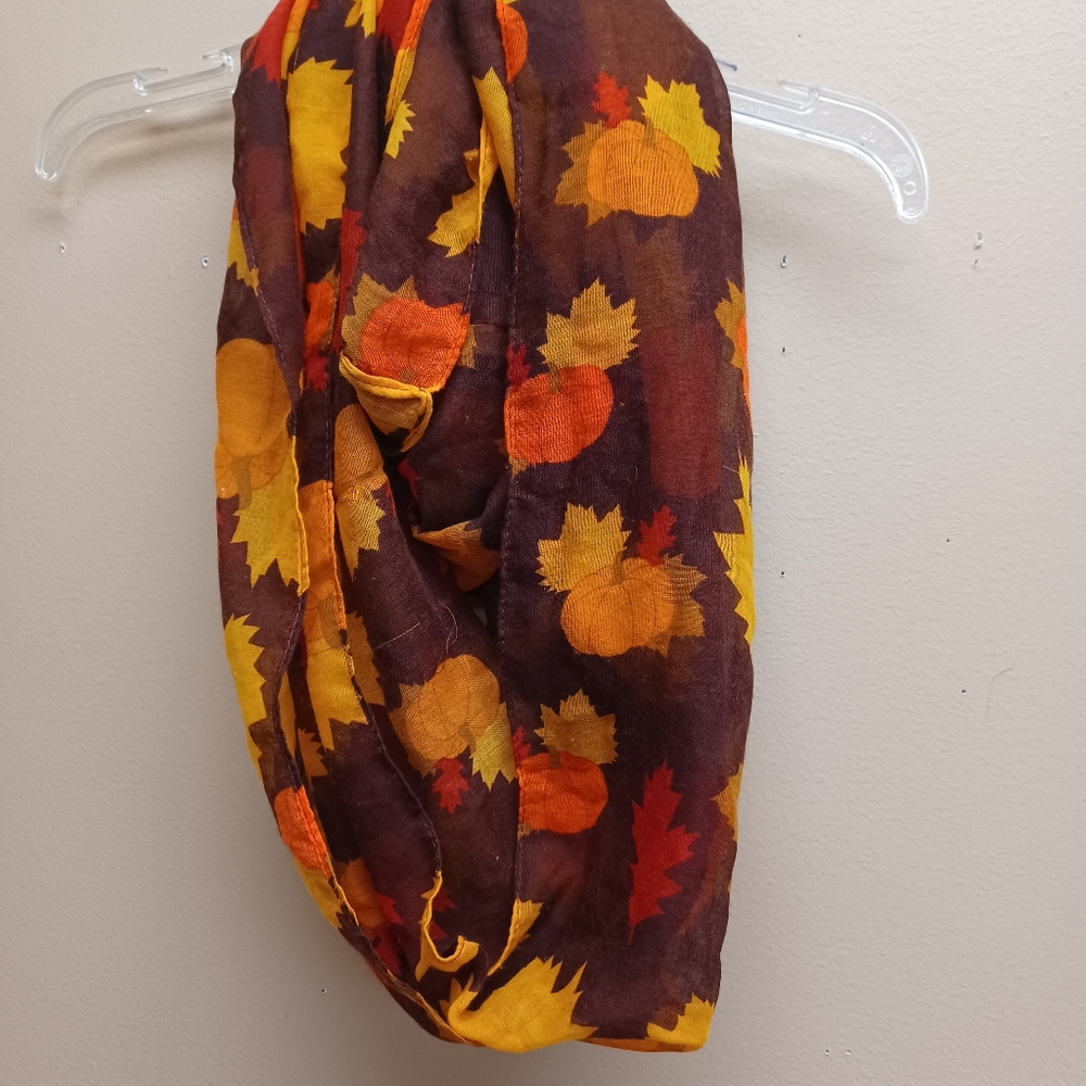 Autumn Fall Infinity Scarf Brown & Orange - Leaves & Pumpkins